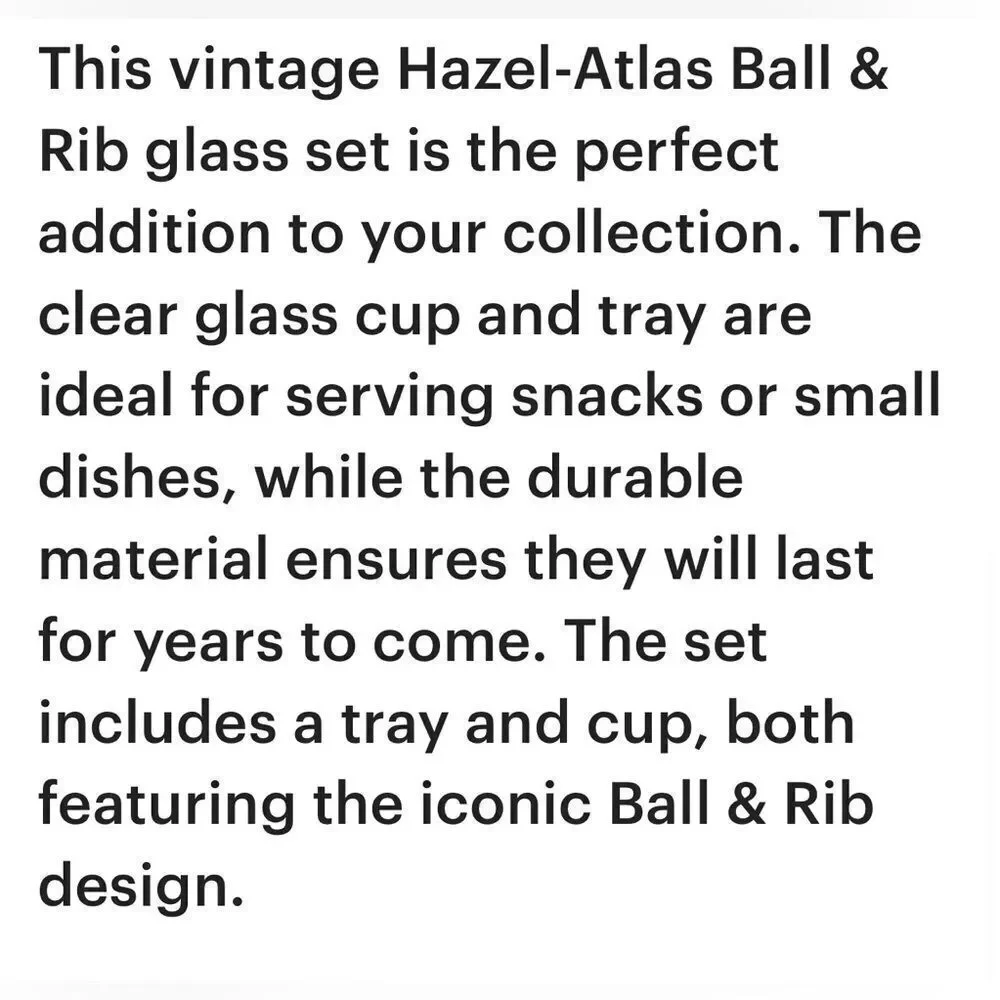 Hazel Atlas Ball & Rib Elegant Clear Glass Smoke Snack & Sip Tray 6 Oz Cup Set